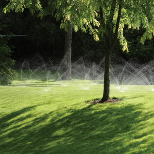 A lush green lawn with a tree and sprinklers running.